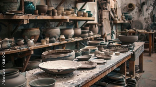 An organized pottery workshop with clay and wheels, Pottery tools and materials laid out meticulously, Contemporary minimalist style