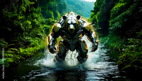 Abstract armored robot animal bear in action, science fiction technology