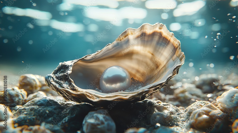 Open Oyster with Large Pearl on Seashore, AI generated illustration Open Oyster with Large Pearl on Seashore, AI generated illustration