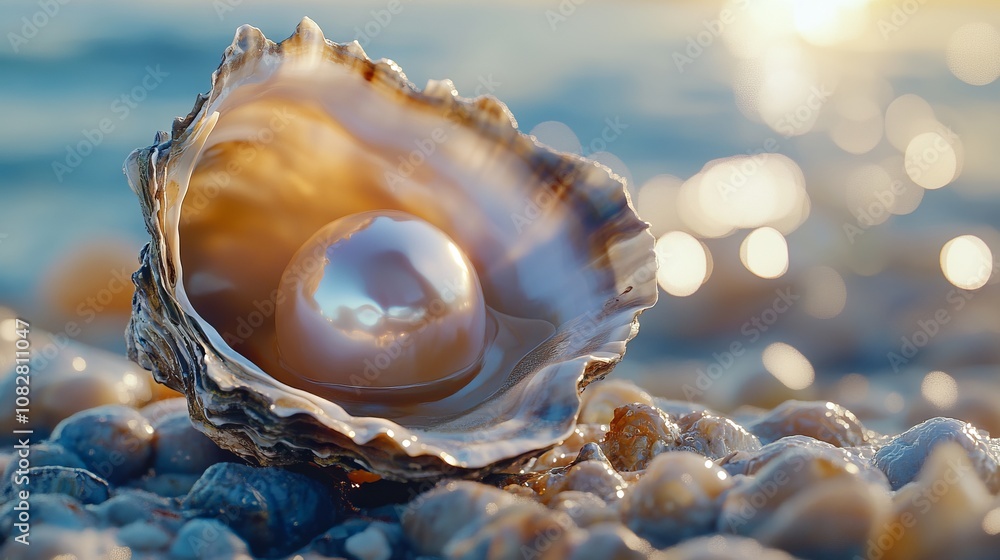 Open Oyster with Large Pearl on Seashore, AI generated illustration Open Oyster with Large Pearl on Seashore, AI generated illustration