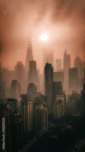 Cinematic skyline in early morning haze with muted sunlight filtering through blending architecture and nature in an urban symphony of calm sepia tones.