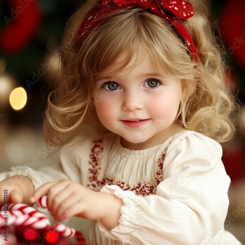 A little girl with blonde curly hair, wearing a red headband and a white dress with red embroidery, smiles while holding a candy cane.