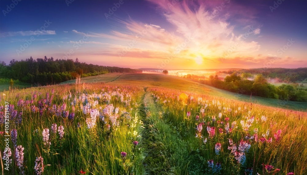 Obraz premium sunrise in the mountains with colourful flowers