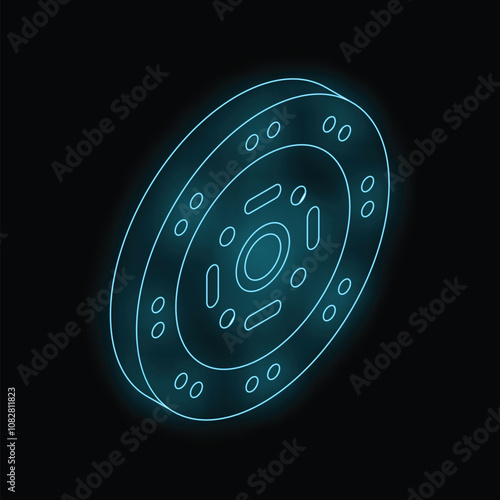 Neon glowing icon of a car clutch disc isolated on a black background