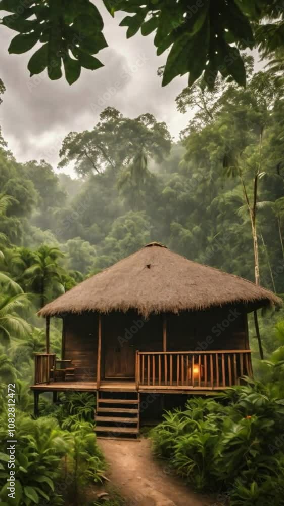 Nestled amidst the lush greenery of the jungle, a quaint wooden hut stands bathed in the soft light filtering through wispy clouds. Nestled amidst the lush greenery of the jungle, a quaint wooden hut stands bathed in the soft light filtering through wispy clouds.