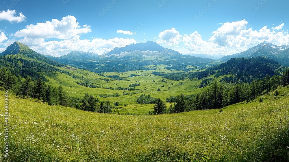Naklejka premium A panoramic view of lush green valleys and mountains under a bright blue sky with clouds.