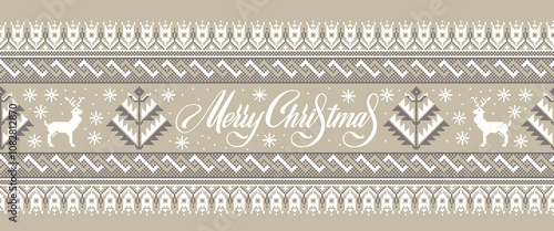 Vector illustration of Ukrainian folk seamless pattern ornament with winter symbols and Merry Christmas text. Ethnic border element. Traditional Ukrainian knitted embroidery pattern - Vyshyvanka.