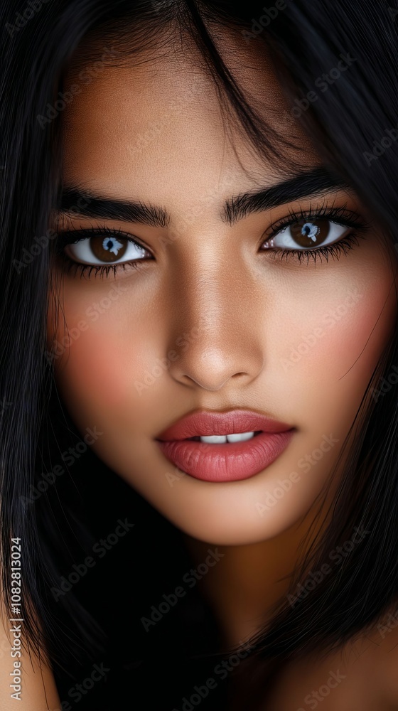 A close up of a woman's face with long black hair A close up of a woman's face with long black hair