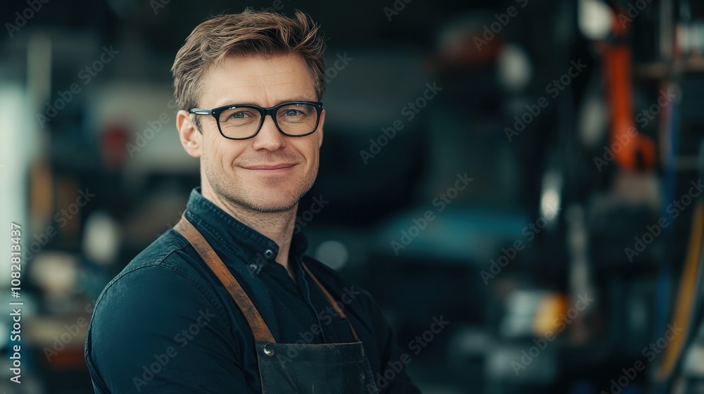 Fototapeta premium Portrait of a Smiling Man in a Workshop, Wearing Glasses and an Apron