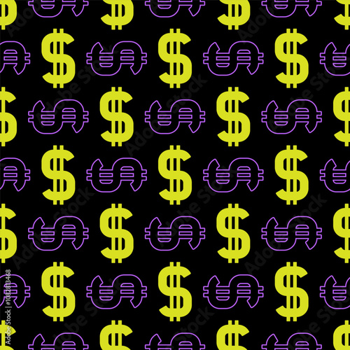 Yellow and purple dollar signs isolated on black background. Seamless pattern. Vector simple flat graphic illustration. Texture.