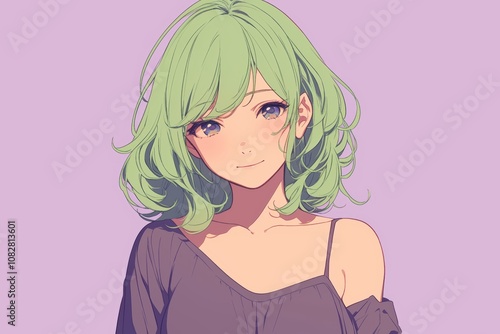 Anime Illustration. Anime Portrait of Green-Haired Character with Soft Expression