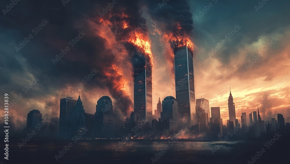 Twin Towers Explosion in Dark Digital Art, AI generated illustration Twin Towers Explosion in Dark Digital Art, AI generated illustration