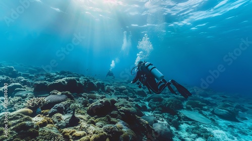 An underwater scuba diving expedition exploring a vibrant coral reef, Diving equipment ready for underwater exploration, Coral reef exploration style photo