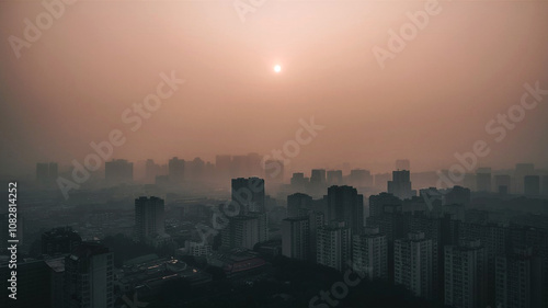 A foggy cityscape at dawn where sunlight filters through haze to reveal modern structures and greenery creating a serene cinematic atmosphere.