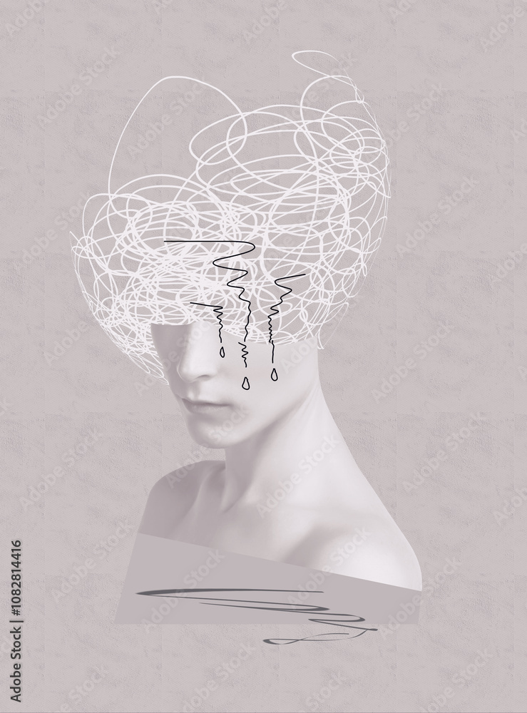 Portrait of unhappy and tired woman. Searching for peace and tranquility. Abstract human brain, drawn style. Mental health concept - art design or collage.