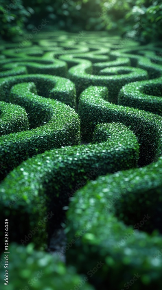 A lush green maze with intricate, winding pathways. A lush green maze with intricate, winding pathways.
