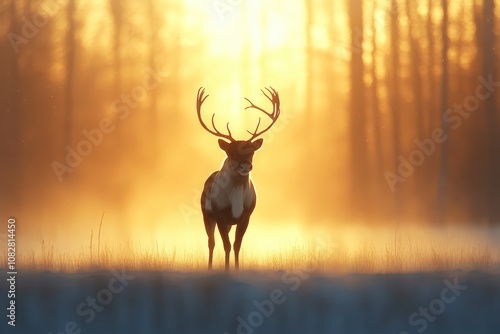 A majestic reindeer stands in a field bathed in the golden glow of the rising sun. Its antlers are silhouetted against the bright sky, creating a striking image of power and beauty.