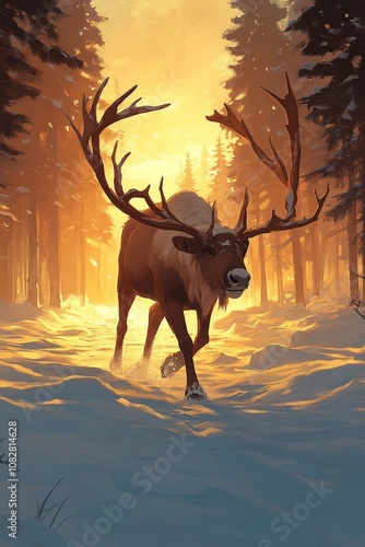 A majestic reindeer walks through a snowy forest at sunset, its antlers silhouetted against the golden light.