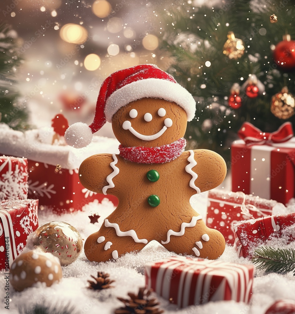 Festive gingerbread man with santa hat amid snowy christmas scene, surrounded by decorated tree, red gifts, and snowflakes in holiday atmosphere Festive gingerbread man with santa hat amid snowy christmas scene, surrounded by decorated tree, red gifts, and snowflakes in holiday atmosphere