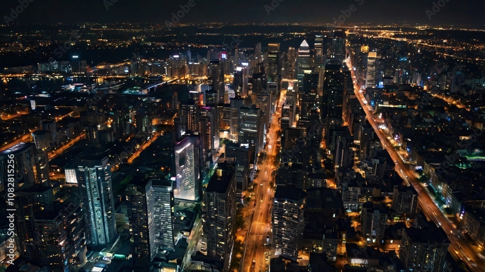 Obraz premium Night Cityscape Aerial View.