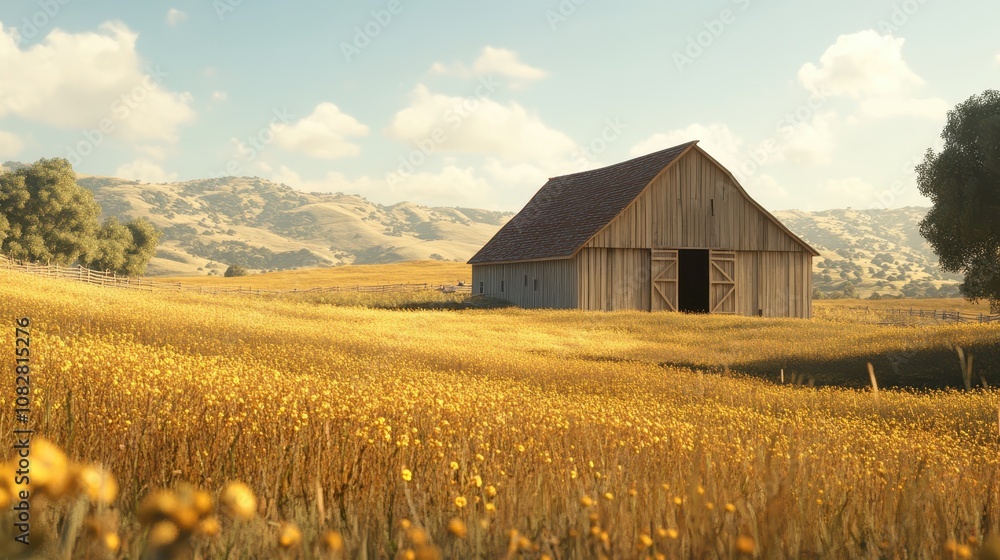 A historic wooden barn set against a backdrop of golden fields. A historic wooden barn set against a backdrop of golden fields.