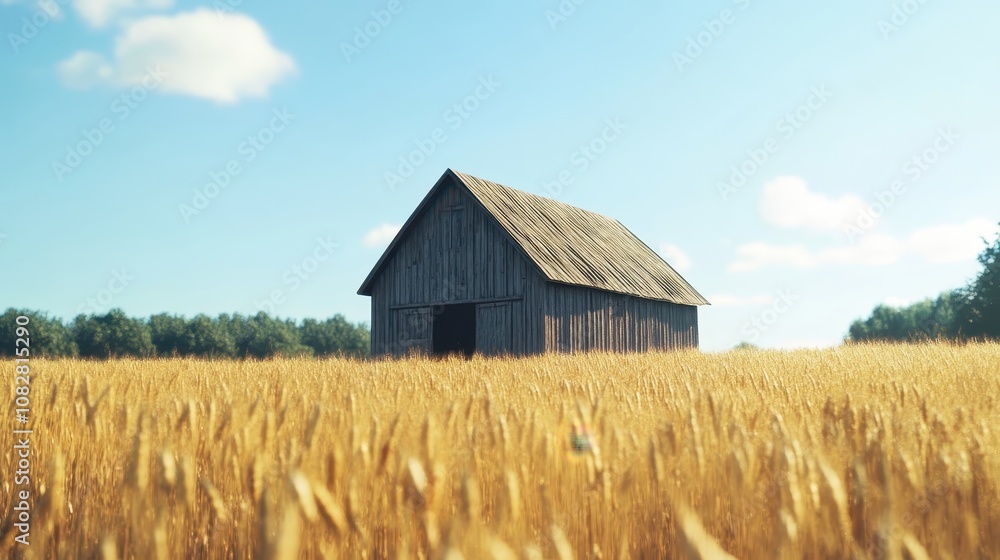 A historic wooden barn set against a backdrop of golden fields. A historic wooden barn set against a backdrop of golden fields.