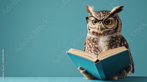 Wallpaper Mural Owl Wearing Glasses Reading a Book on Blue Background, AI generated illustration Torontodigital.ca