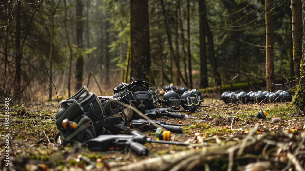 Obraz premium Carefully organized paintball equipment in a dense forest, markers and masks laid out ready for a game, Exciting outdoor game style
