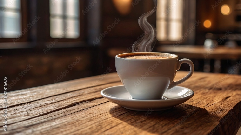Steaming Cup of Coffee on Rustic Wooden Table. Steaming Cup of Coffee on Rustic Wooden Table.
