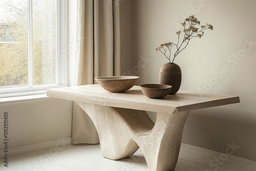 A wooden table with two bowls on top of it next to a window