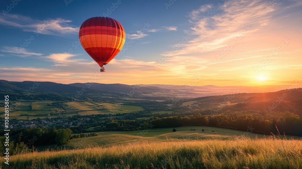 Obraz premium A hot air balloon floating over a picturesque valley at sunrise.