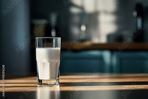 A glass of milk is sitting on a wooden table photo