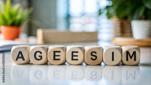 Ageism Text On Round Blocks Over White Desk photo