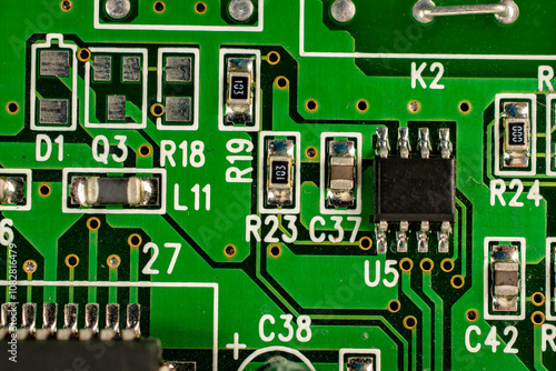 Close-up of a circuit board with microcircuits from an electrical appliance or computer. Selective focus.