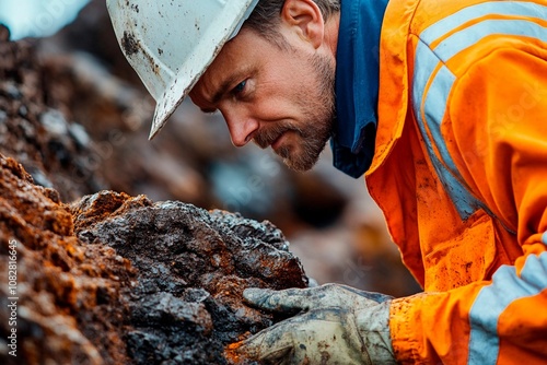 Dedicated worker examines mineral deposits in rugged terrain during daylight hours. Generative AI photo