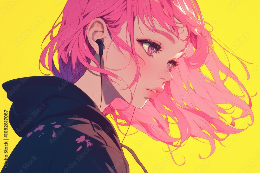 Fototapeta premium Anime Illustration. Anime Girl with Pink Hair and Headphones on Yellow Background