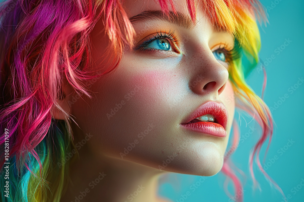 A young gender fluid person with vibrant rainbow-colored hair and unique makeup. A young gender fluid person with vibrant rainbow-colored hair and unique makeup.