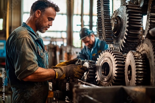 Skilled machinists collaborating on intricate mechanical components in a workshop. Generative AI