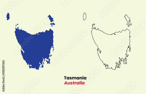 Map of Tasmania, Map of Tasmania with fill colour outline, Map of Australia state Tasmania, Australia.
