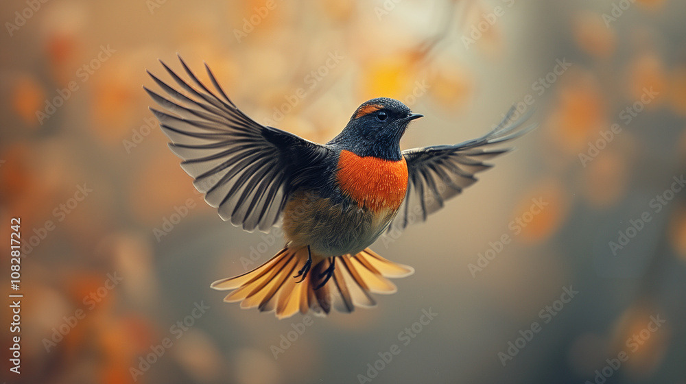 Fototapeta premium Black and orange bird in flight, wings spread wide, with autumn leaves blurred in the background.