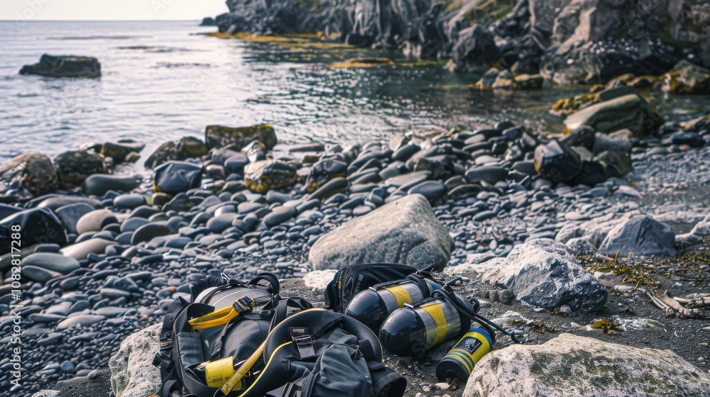 Carefully positioned scuba diving gear on a rocky seaside, wetsuits and oxygen tanks laid out on a beach, Underwater adventure style Carefully positioned scuba diving gear on a rocky seaside, wetsuits and oxygen tanks laid out on a beach, Underwater adventure style