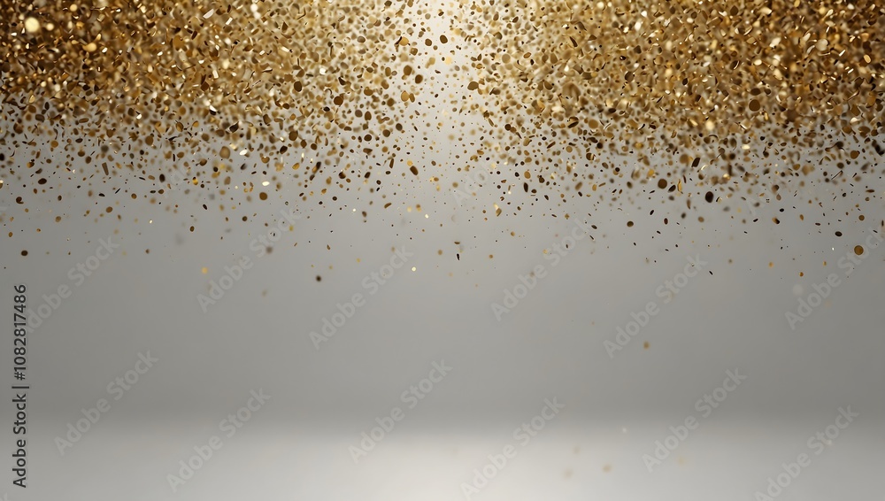 Gold glitter falling on a light gray background.
Gold glitter falling on a light gray background.