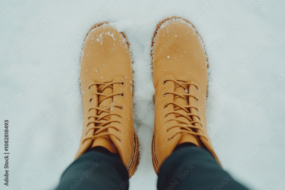 A pair of yellow leather boots standing on fresh snow. A pair of yellow leather boots standing on fresh snow.
