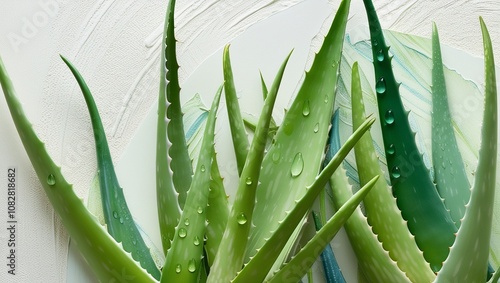 Set of fresh aloe vera leaves with water droplets,