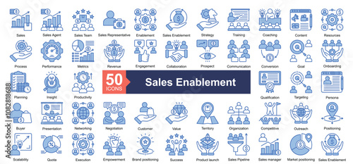 Sales Enablement icon collection set. Containing Sales, Sales agent, Sales Team, Sales Representative, Enablement, Sales Enablement, Strategy, Training, Coaching, Content, Resources, Process, Performa