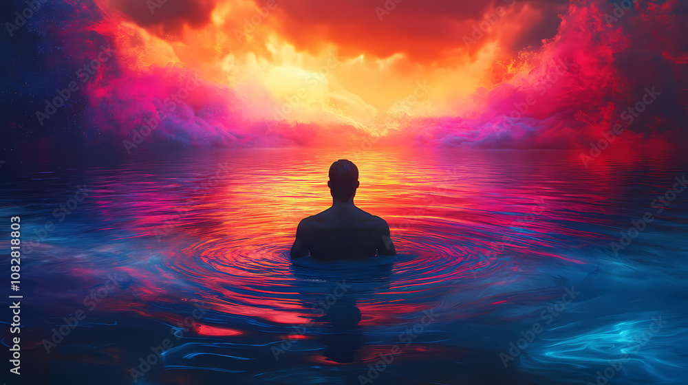 Jesus baptism in a futuristic river with neon water divine light from the heavens. Divine. Illustration Jesus baptism in a futuristic river with neon water divine light from the heavens. Divine. Illustration