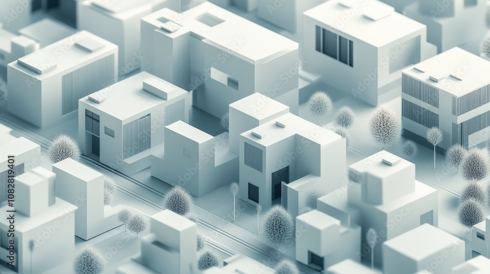 Minimalist 3D Render of a Modern Cityscape with Geometric Buildings and Trees Minimalist 3D Render of a Modern Cityscape with Geometric Buildings and Trees