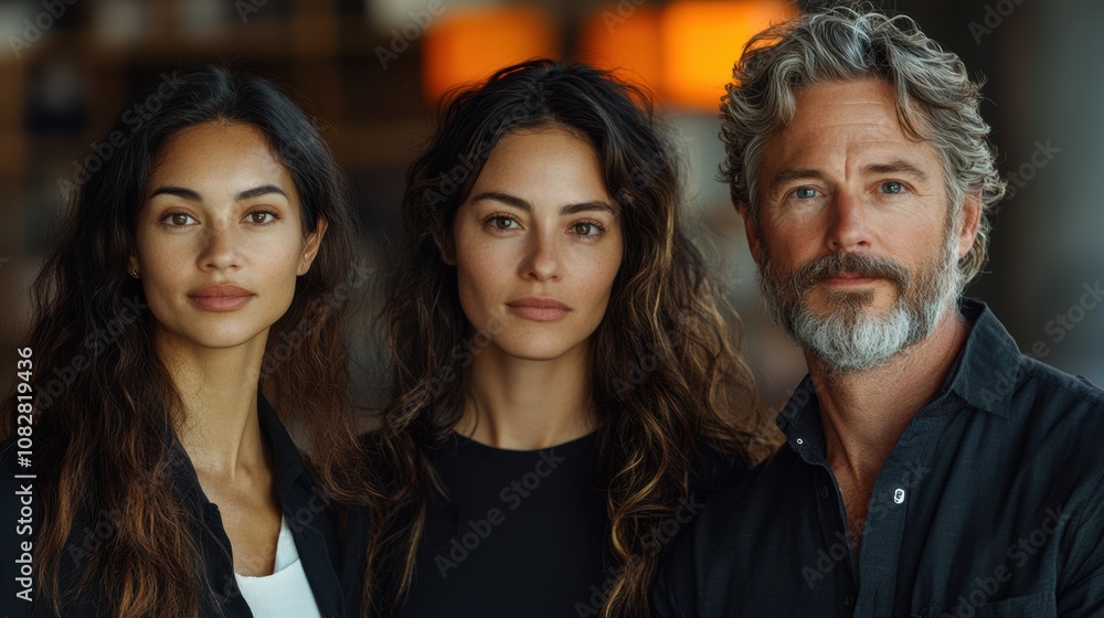 Confident Trio: Portrait of a stylish man and two women. A captivating image showcasing a diverse group with natural beauty and confident expressions. Confident Trio: Portrait of a stylish man and two women. A captivating image showcasing a diverse group with natural beauty and confident expressions.