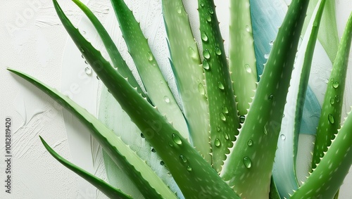 Set of fresh aloe vera leaves with water droplets,