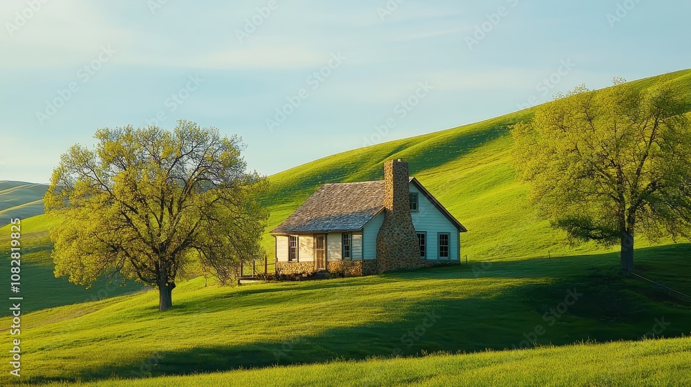 A rustic farmhouse with a stone chimney, nestled in rolling green hills. A rustic farmhouse with a stone chimney, nestled in rolling green hills.
